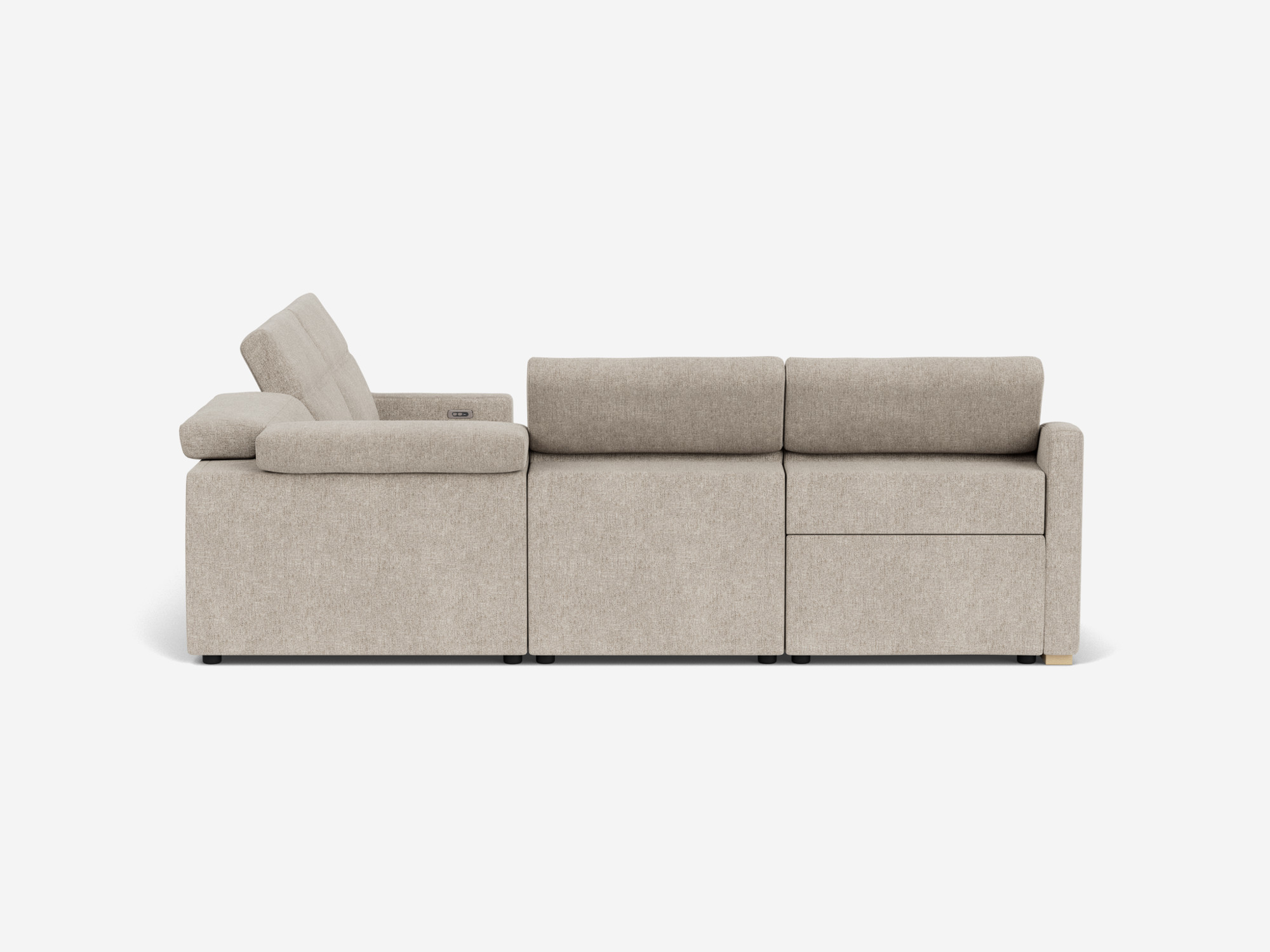 Left hand back view of beige reclining sectional sofa